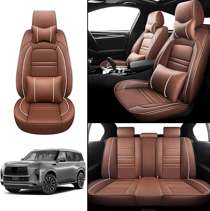Car Seat Covers for Infiniti qx80 2014-2025 | 5-Seats Seat Covers, Waterproof Seat Protectors, Automotive Seat Covers (Full Set with Pillow,Coffee)