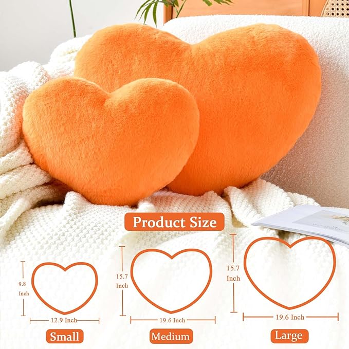 Orange Heart Pillows, Cute Heart Decorative Pillow, Heart Shaped Throw Pillows for Bed, Faux Rabbit Fur Plush Hoom Decor Pillow Cushion for Chair Sofa Living Room (Mini 12.9" x 9.8")