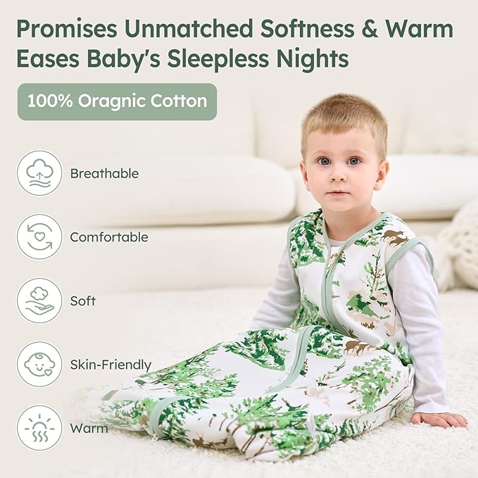 Baby Sleep Sack 6-12 Months 100% Cotton Lightweight 0.5 TOG Wearable Blanket Baby Sleep Bag with 2-Way Zipper for Newborn Infant Green Pine Tree