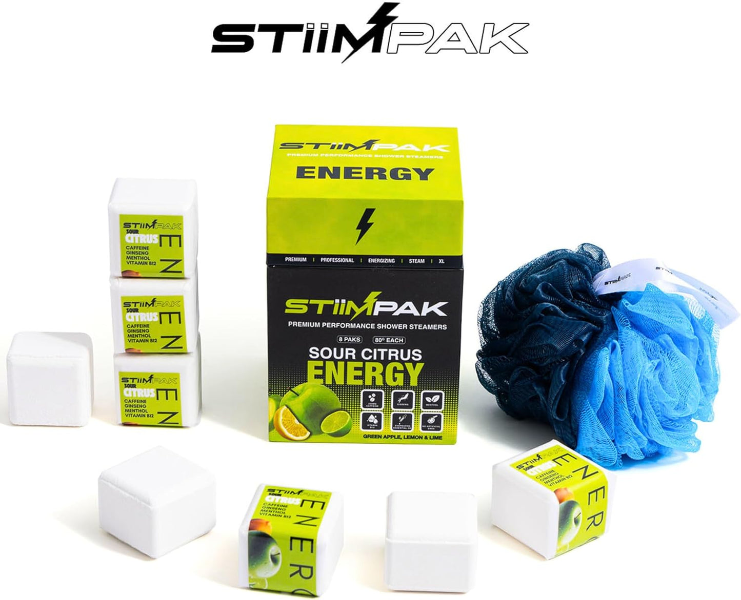 Shower Steamers | Energy | XL 80g Long Lasting | Caffeine, B12, Ginseng, & Menthol | Gift for Men & Women | Extra Strength Aromatherapy for Focus & Productivity | Sour Citrus | STiiMPAK (8 Pack)