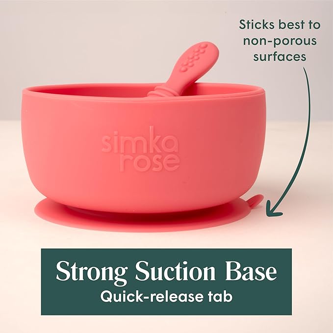 Simka Rose Baby Bowl and Spoon Set, Suction Bowls for Toddlers, BPA-Free Silicone, Dishwasher and Microwave Safe Feeding Supplies (Pebble)