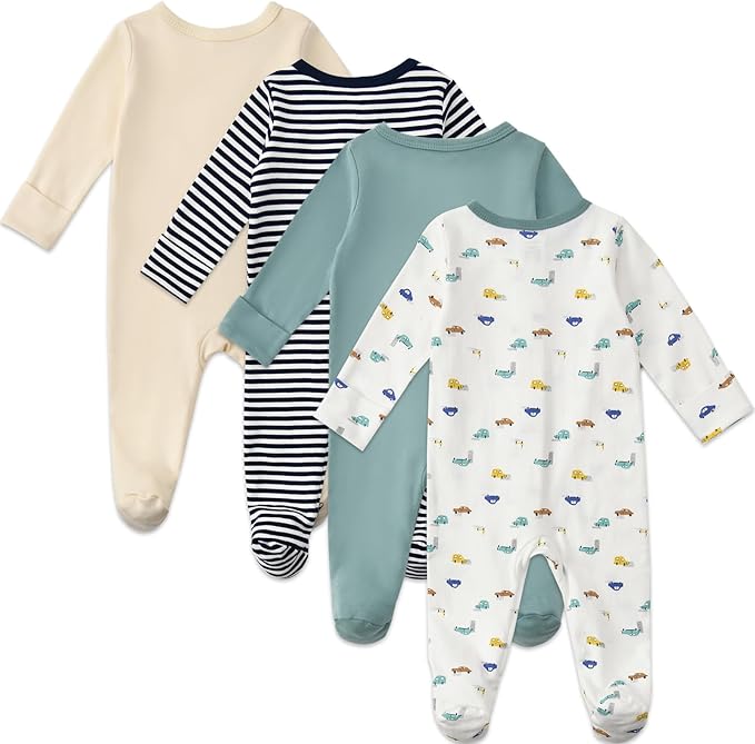 Aablexema Baby Footed Pajamas with Mitten Cuffs Zipper 4-Pack Infant Newborn Cotton Long Sleeve Outfit