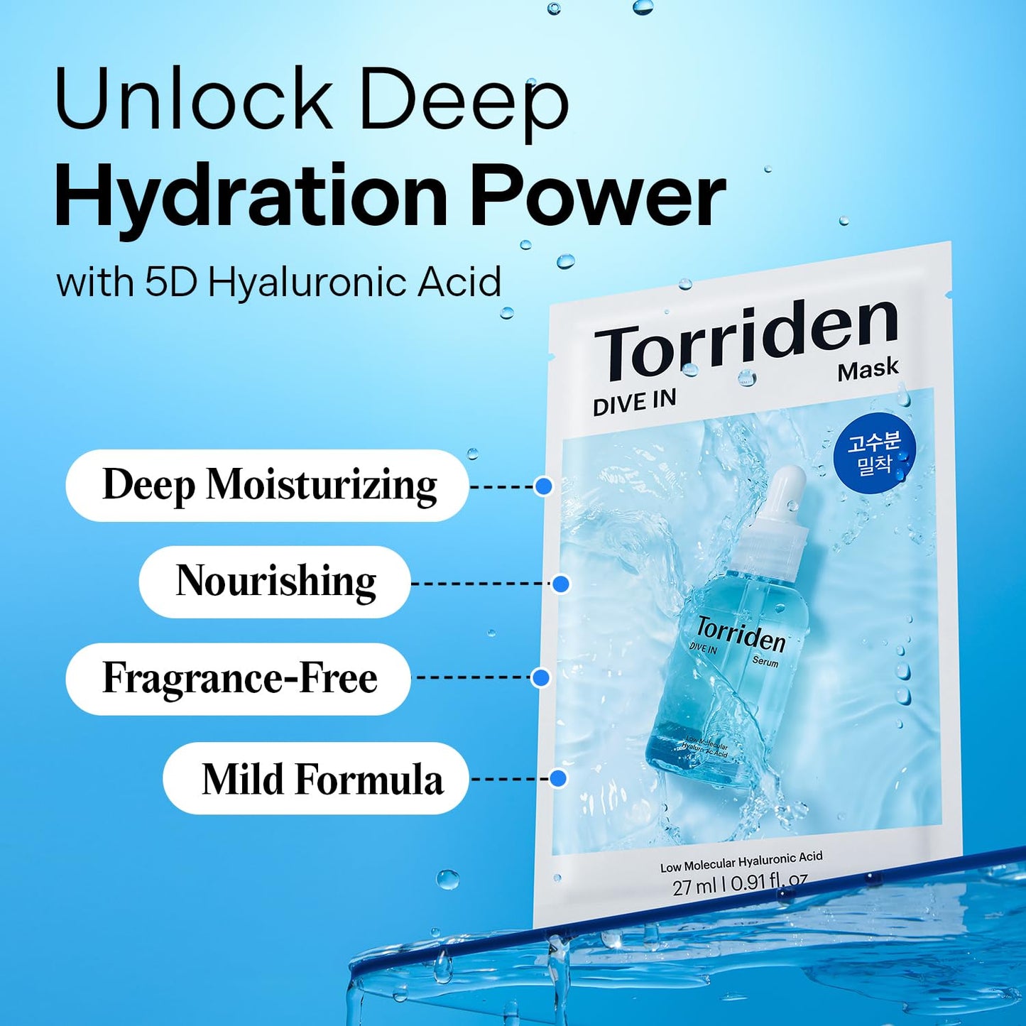 Torriden DIVE IN Hyaluronic Acid Facial Mask (10 sheets) | Extra Moisturizing Care | Hyaluronic Acid, Panthenol, Allantoin | Korean Face Mask