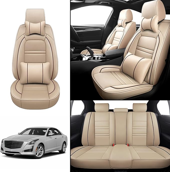 Car Seat Covers for Cadillac cts 2003-2019 | 5-Seats Seat Covers, Waterproof Seat Protectors, Automotive Seat Covers (Full Set with Pillow,Beige)