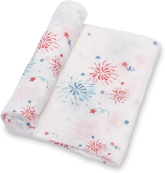LollyBanks Swaddle Blanket 100% Cotton, Muslin Swaddle Blankets Lightweight, Soft Baby Swaddle Blanket 47 x 47 inches, Baby Essentials, Registry and Gift (Fireworks Print)