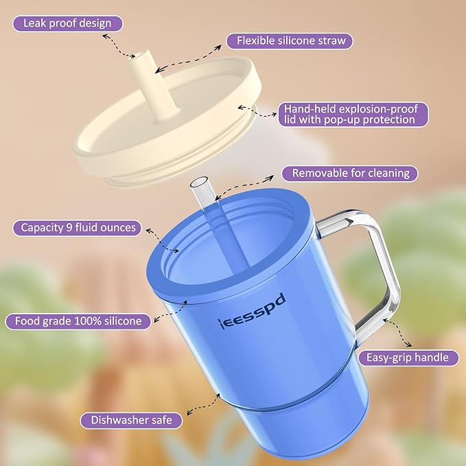 Toddler Cups – 9 oz Adorable Miniature Tumbler with Leak-Resistant Straw and Toddler-Friendly Handle, Encourages Hydration, Easy to Clean, Sippy cups for Toddlers 1-3，BPA Free silicone (Ocean)