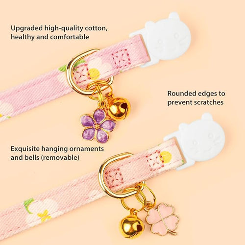 2 Pack Cotton Breakaway Cat Collar Purple and Pink Flowers Pendant Cute Kitten - Image 2