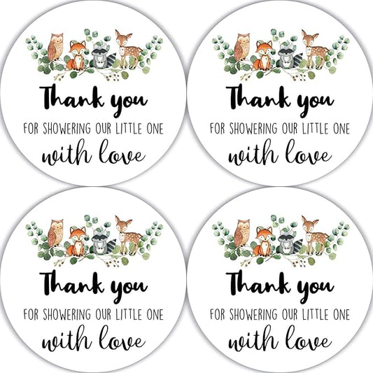 80 Pieces Thank You for Showering Our Little One with Love Woodland Creature Thank You Stickers, Baby Shower Birthday Party Decorate Watercolor Forest Woodland Animals Theme Label Decorations