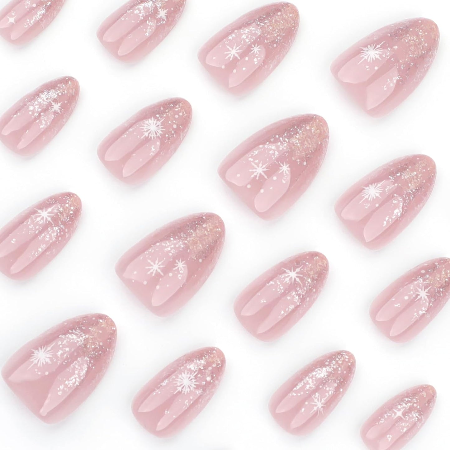 Pink Press on Nails Short Almond, French Fake Nails with Sparkly Silver French Tips and snowflake Designs, Glossy Gel Finish Acrylic Nails, Thick Reusable Glue on Nails Kit for Women, 24Pcs