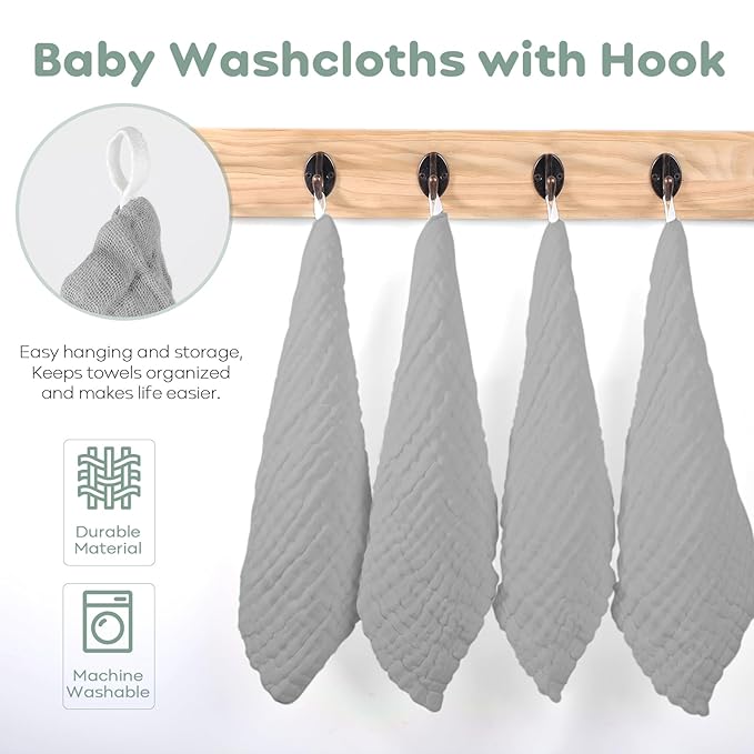 Yoofoss Muslin Baby Washcloths 100% Cotton Face Towels 10 Pack Wash Cloths for Baby 12x12in Soft and Absorbent Baby Wipes (Grey)