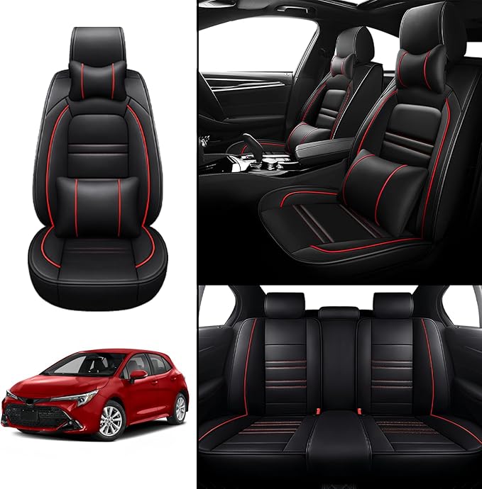 Car Seat Covers for Toyota Corolla 1997-2025 | 5-Seats Seat Covers, Waterproof Seat Protectors, Automotive Seat Covers (Full Set with Pillow,Black&Red Line)