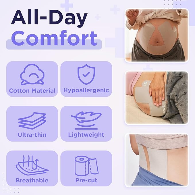OK TAPE Pregnancy Belly Tape, Hypoallergenic Precut Belly Band Support, Relief Maternity Round Ligament Pain/Back Pain/Belly Pain, Women Pregnancy Must Haves, 4 Sets, Fashion Grey - For 27-40 weeks