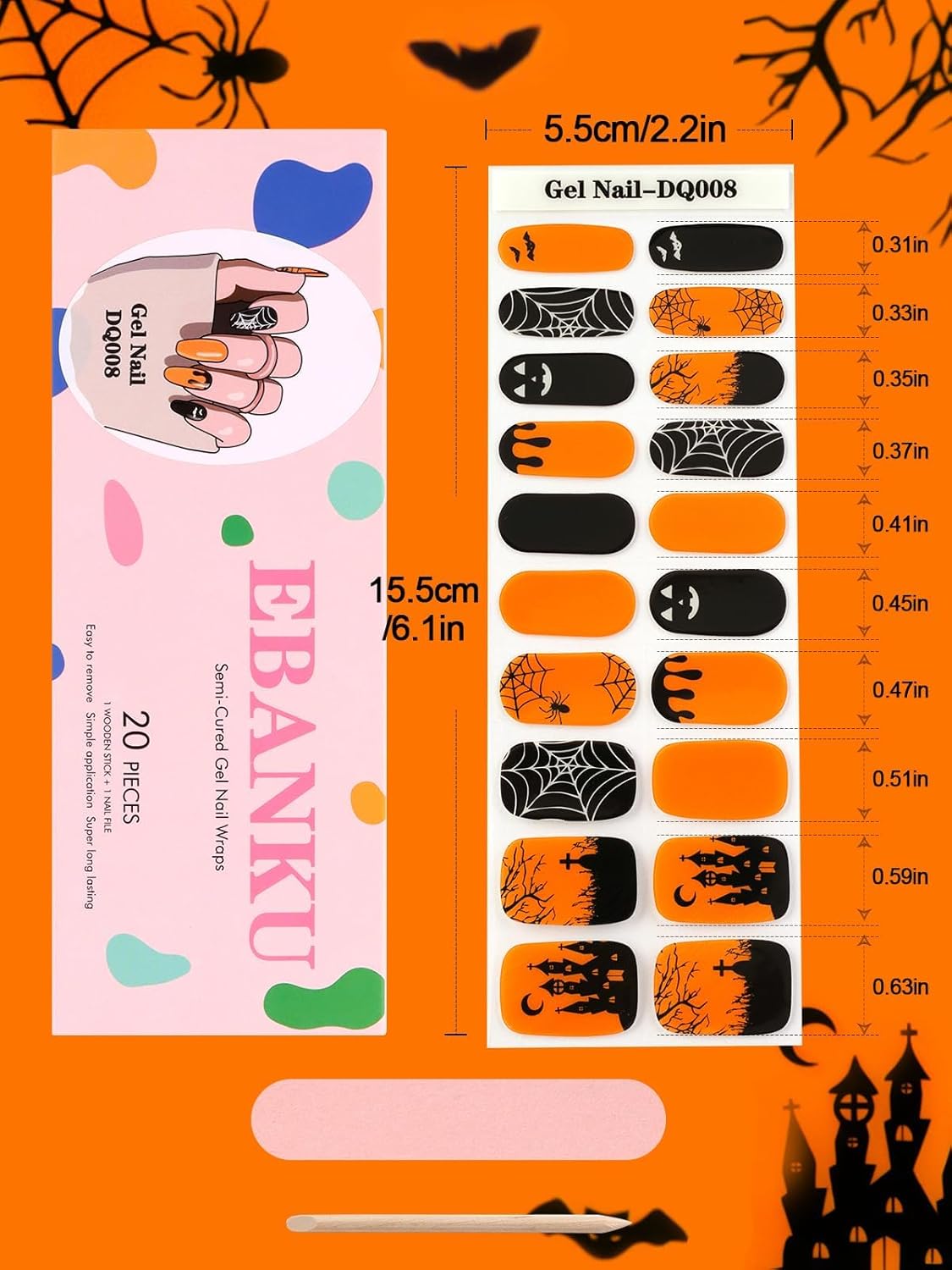 EBANKU Cured Gel Nail Stickers, 20 PCS Halloween Nail Gel Polish Strips, Adhesive Gel Nail Strips for Nail Design, Castle Spider Web Bat Nail Polish Stickers for Women Girls