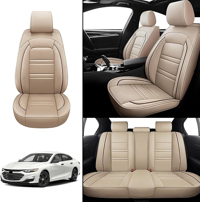 Seat Covers for Malibu 2004-2025 | 5-Seats Leather Seat Covers, Easy to Install Automotive Seat Covers Full Set (Full Set, Beige)