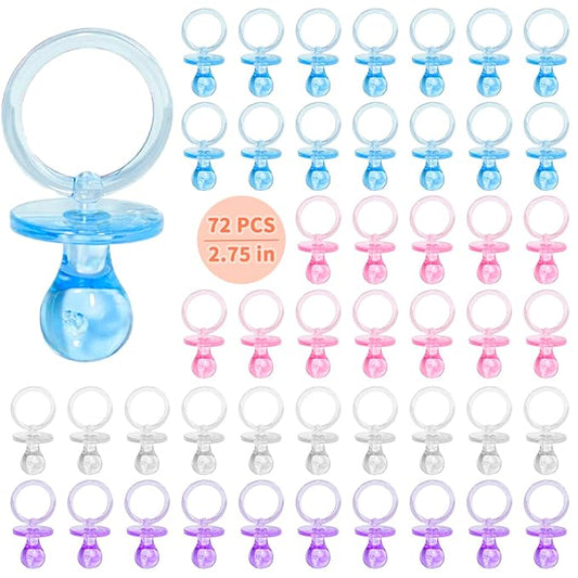72 Pcs Baby Shower Pacifiers, 2.75’’ Plastic Pacifiers for Baby Shower Game, Baby Shower Decoration DIY, Gender Reveal Party Table Scatter/Baby Shower Party Favors, 4 Color