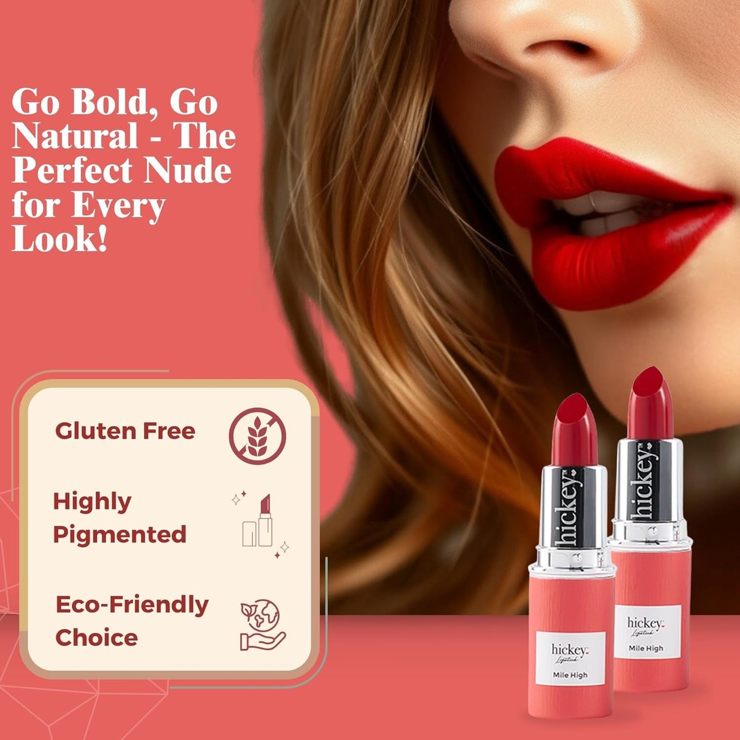 Hickey Lipstick Mile High Organic Perfect Red Lipstick Refill - Long Lasting Lipstick for Women - Hydrating & Moisturizing Shade, Best Lip Color for Women, Gluten-Free & Vegan with Highly Pigmented