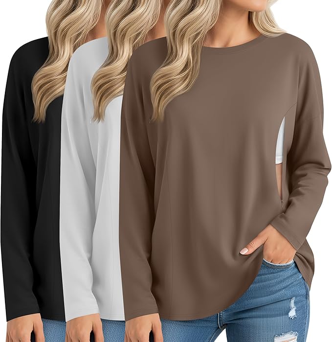 3 Pack Women's Nursing Breastfeeding Tops, Long Sleeve Maternity Shirts Oversize Hidden Zipper Pregnancy Clothes