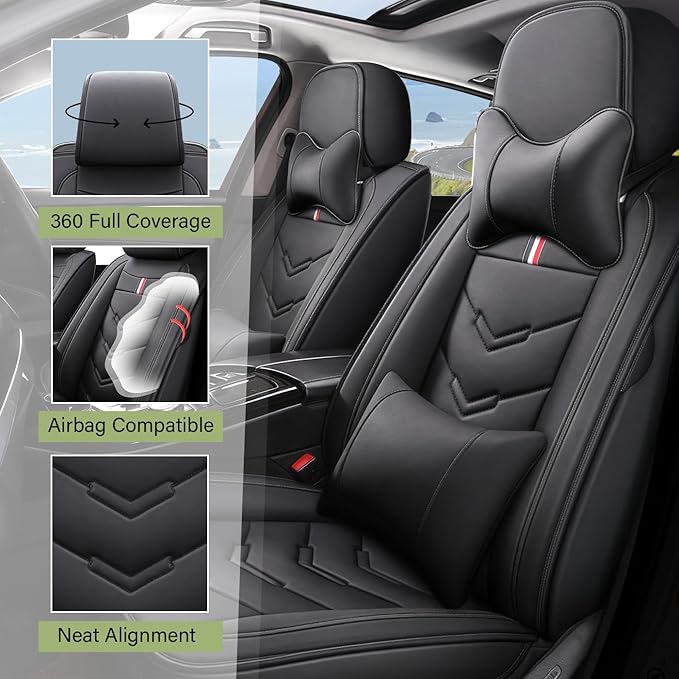 Leather Car Seat Covers Fit for LR LR4 2009-2016, 5 Seater Waterproof and Wear-Resistant Seat Cover Interior Accessories(Full Set with Pillow,Black)
