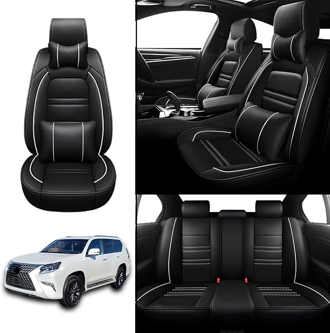 Car Seat Covers for Lexus Car gx460 2010-2023 | 5-Seats Seat Covers, Waterproof Seat Protectors, Automotive Seat Covers (Full Set with Pillow,Black&White Line)