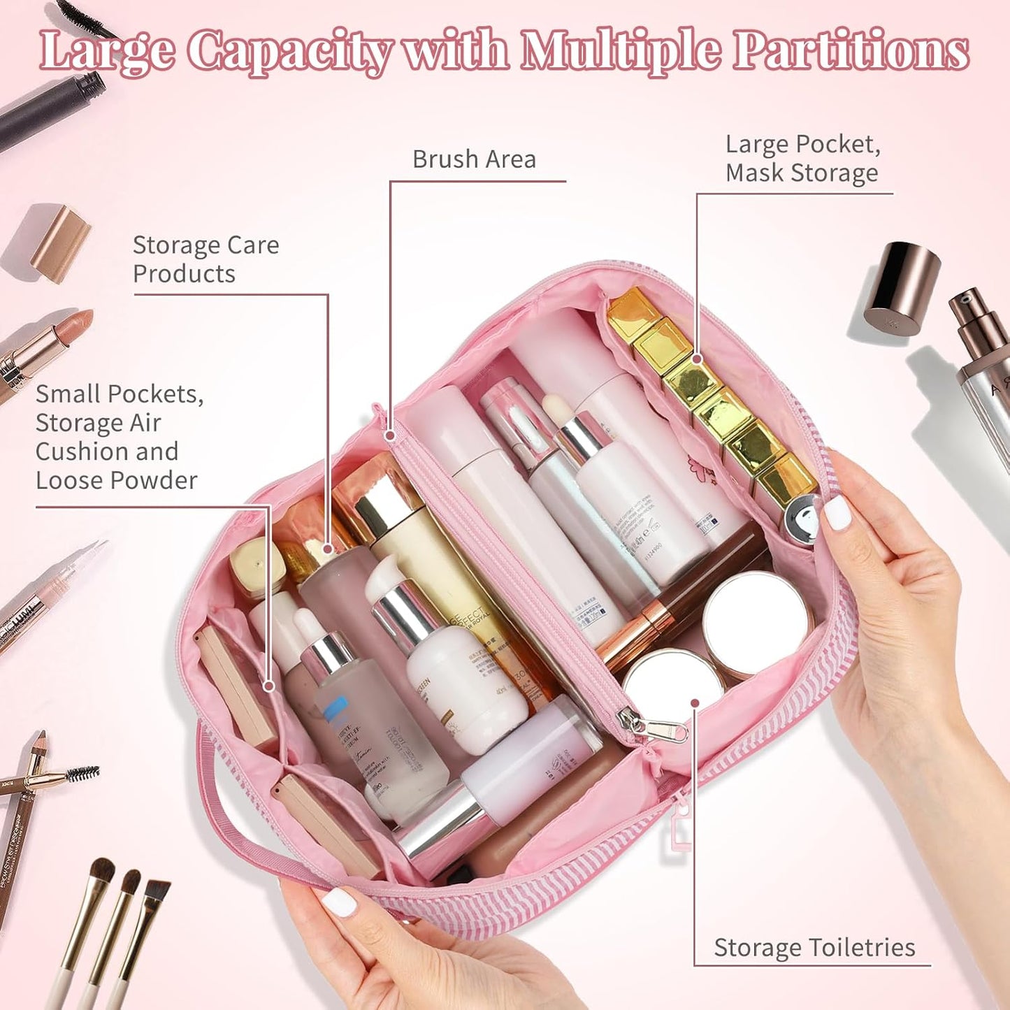 Travel Makeup Bag for Women, 2Pcs Portable Personalized Initial Makeup Organizer Bag, Open Flat Large Cosmetic Bag With Travel Essential Pouch (Pink Letter W)