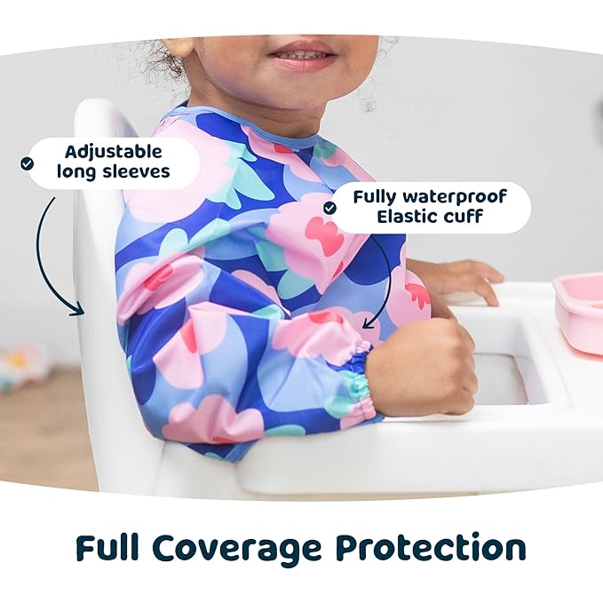 Tiny Twinkle Long Sleeve Bib for Babies & Toddlers – Waterproof Smock Bib for Eating – Machine Washable & Mess-Proof, Baby Feeding Essential & Shower Must-Have(Floral Blue, 6–24M)