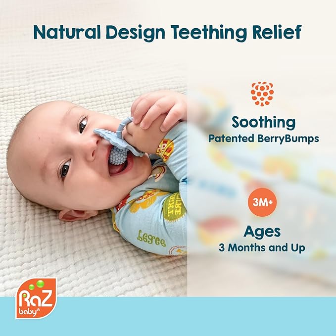 RaZbaby RaZberry Silicone Teether Pacifier – Teething Relief for Infants, Food-Grade, BPA-Free, Hands-Free, Natural Berrybumps Fruit Texture for Sensory Development, Freezable, 2-Pack - Tan & Grey