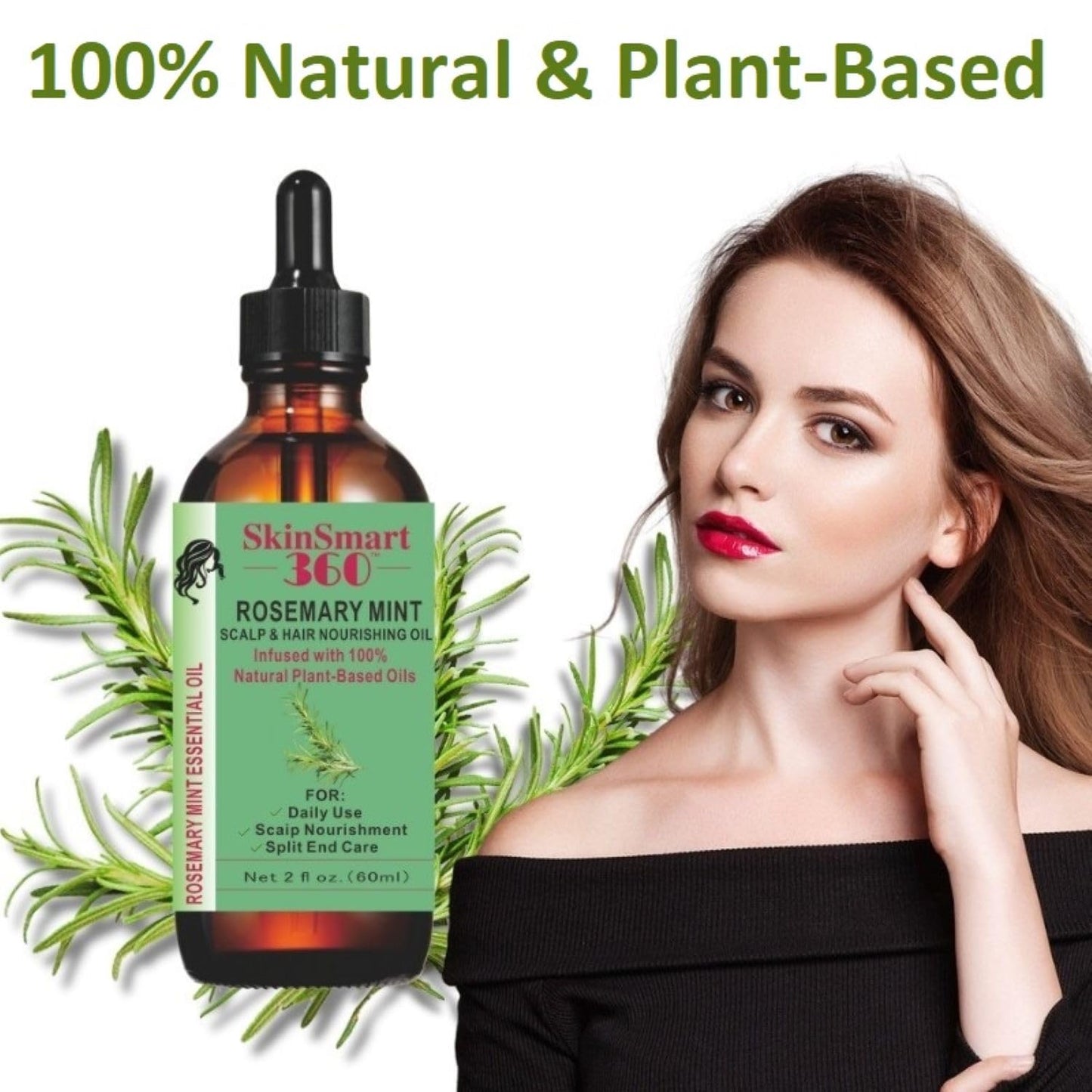 SkinSmart 360® Rosemary Mint Hair Growth Oil & Scalp Care – 100% Natural, Plant-Based, Non-Greasy Formula for Hair, Eyebrows & Lashes – 60ml, Pack of 1