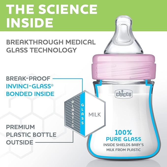 Chicco Duo 5oz. Hybrid Baby Bottle with Invinci-Glass Inside and Plastic Outside | Dishwasher, Bottle Warmer, and Electric Sterilizer Safe | Intui-Latch Nipple | Clear/Pink, 2pk