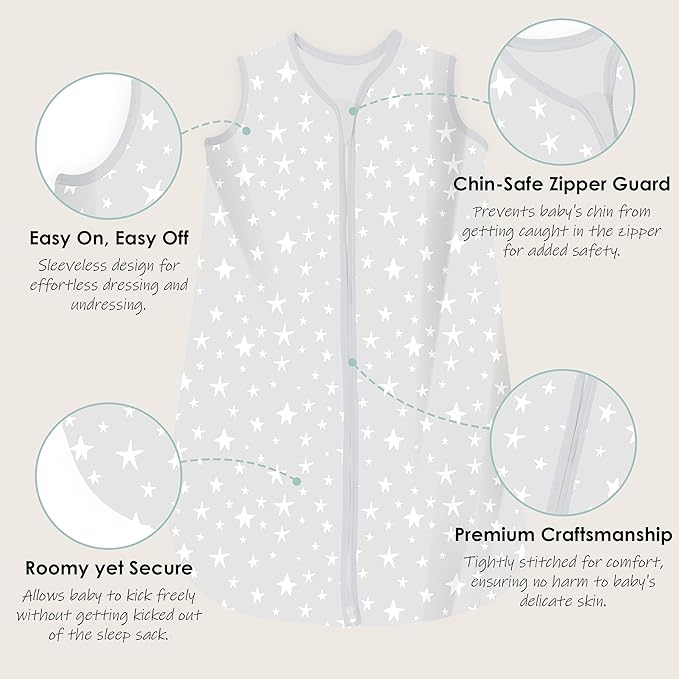 Cute Castle Baby Sleep Sack 0-6 Months - Lightweight 100% Cotton 2-Way Zipper TOG 0.5 Infant Wearable Blanket, Newborn Essentials Toddler Sleep Clothes, 3 Pack(Gray, Letters, Stars)