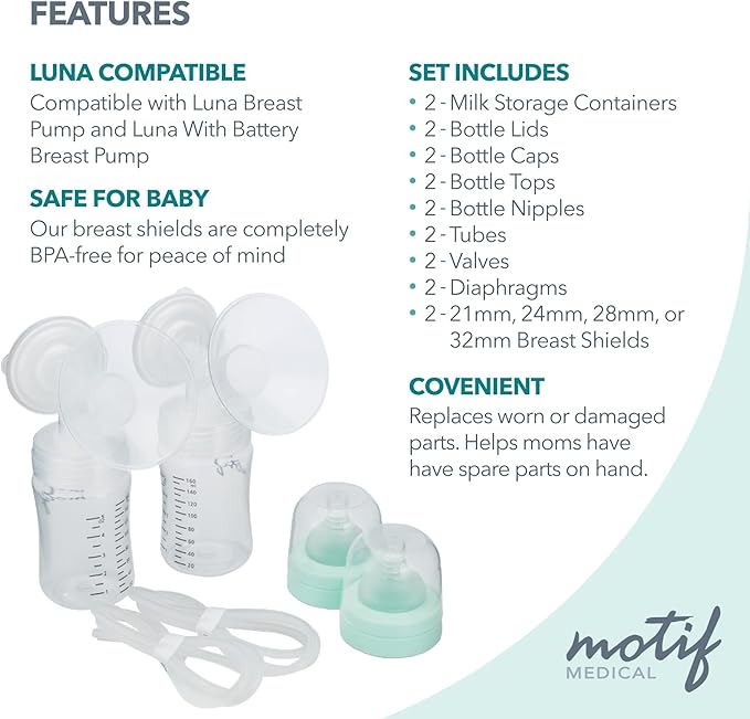 Motif Medical Luna Double Breast Pump Replacement Parts - Breast Pump Parts W/Bottles, Nipples, Tubing, Valves, Breast Shields (32mm), Diaphragms, Connectors & More - Safe Easy-to-Use Breast Pump Kit
