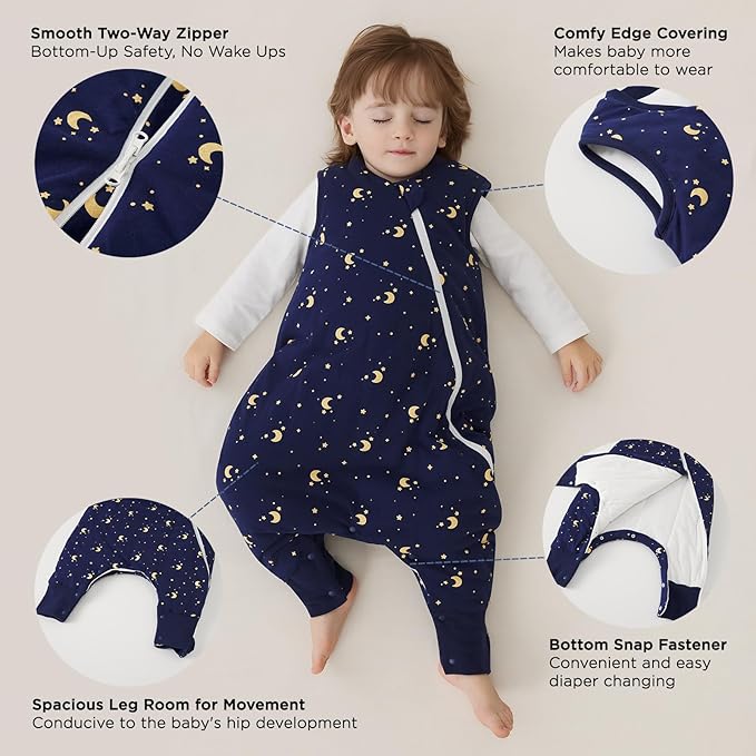 Duomiaomiao 2.5 TOG Toddler Sleep Sack 12-24 Months 100% Cotton Winter Side Open Zipper Baby Sleep Sack with Feet, Warm Toddler Wearable Blanket