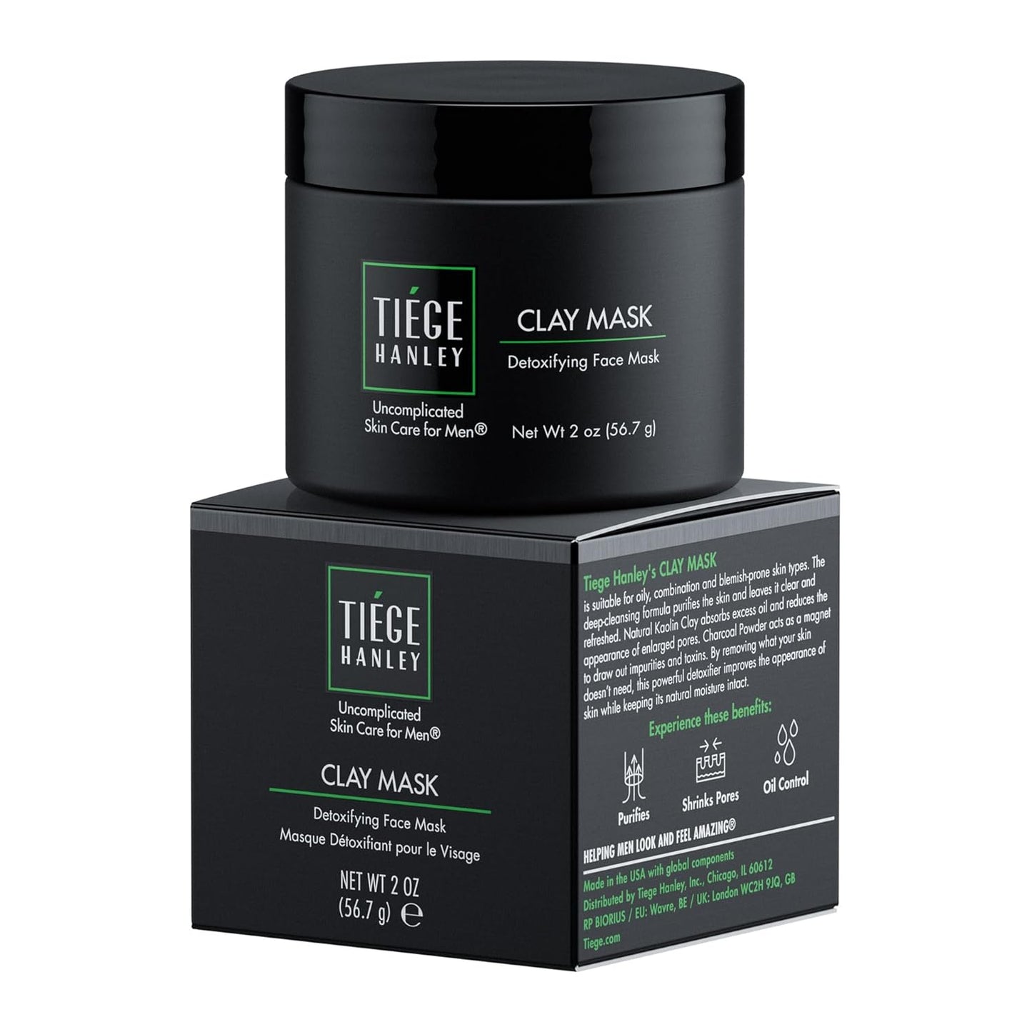 Tiege Hanley Mens Detoxifying Facial Clay Mask, 2 Oz (1-Pack) - Deep Pore Cleansing Charcoal Face Mask with Natural Kaolin Clay Absorbs Excess Oil & Reduces Appearance Pores - Skin Care for Men