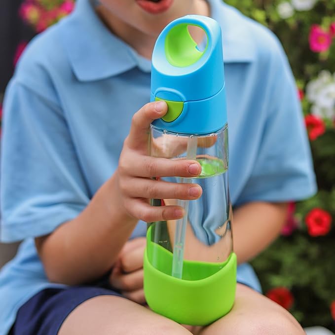 b.box Kids Water Bottle – 20oz Tritan Toddler Drink Bottle with Straw for School, Daycare, Travel w/Easy-Grip Triangular Design, Leak Proof Lid & Handle, BPA Free, Dishwasher Safe (Blue Slate)