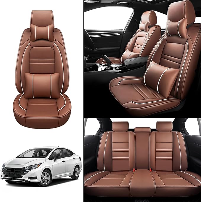 Car Seat Covers for Nissan Car Versa 2007-2025 | 5-Seats Seat Covers, Waterproof Seat Protectors, Automotive Seat Covers (Full Set with Pillow,Coffee)