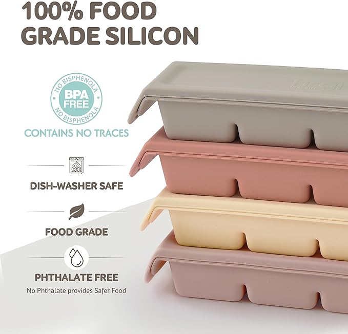 Silicone Freezer Trays with Lid,1.7oz 4 Section - Leak Proof Silicone Freezer molds for Homemade Baby Food Breastmilk, Purees, Vegetables, Baby Food Jars Ice Tray with Lid BPA Free Mix Beige