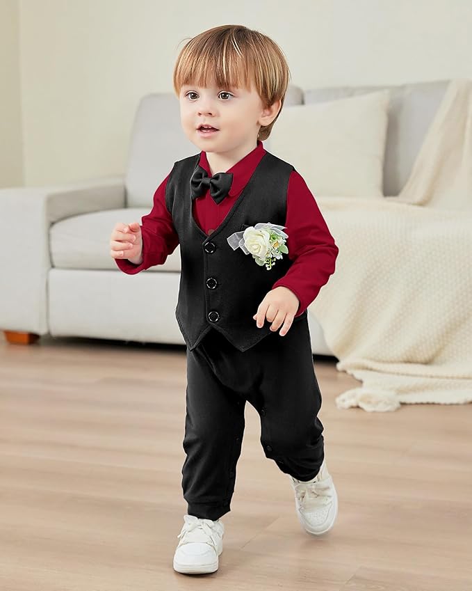 Baby Boy Clothes Gentleman Baby Suit Long Sleeve Romper+Vest+Bow Tie+Corsage 4Pcs Boys Formal Jumpsuit