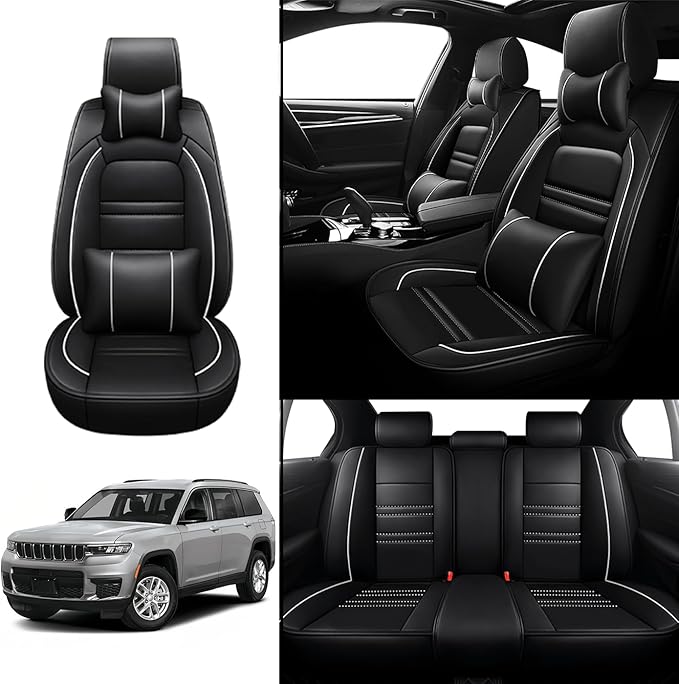 Car Seat Covers for JP Grand Cherokee 2011-2025 | 5-Seats Seat Covers, Waterproof Seat Protectors, Automotive Seat Covers (Full Set with Pillow,Black&White Line)