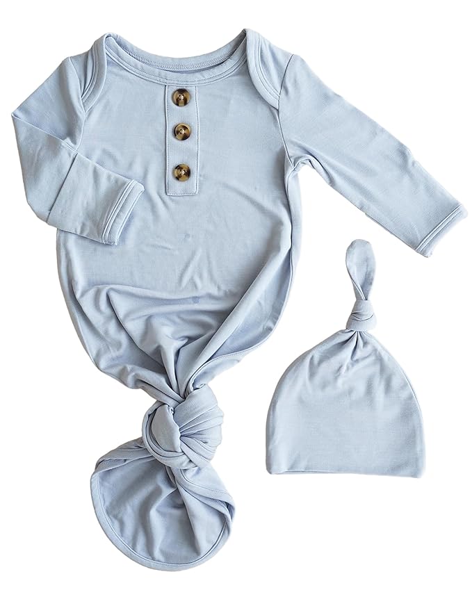 Caden Lane Newborn Knotted Gown with Hat, Soft Bamboo Viscose Baby Sleep Sack, Unisex Infant Nightgown, Breathable Sleepwear