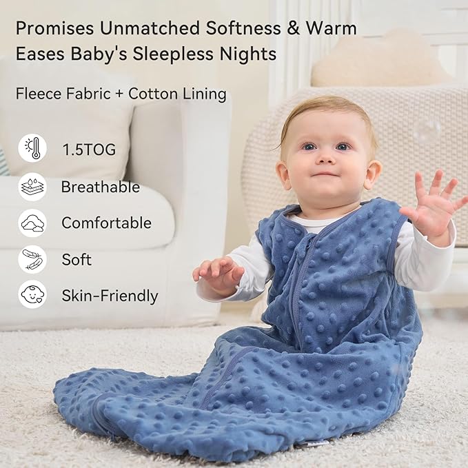 Fleece Baby Sleep Sack 18-24 Months with Plush Dots 1.5 Tog Baby Wearable Blanket with 2-Way Zipper Warm Sleeping Sack for Toddler Infant - XLarge, Blue&Green