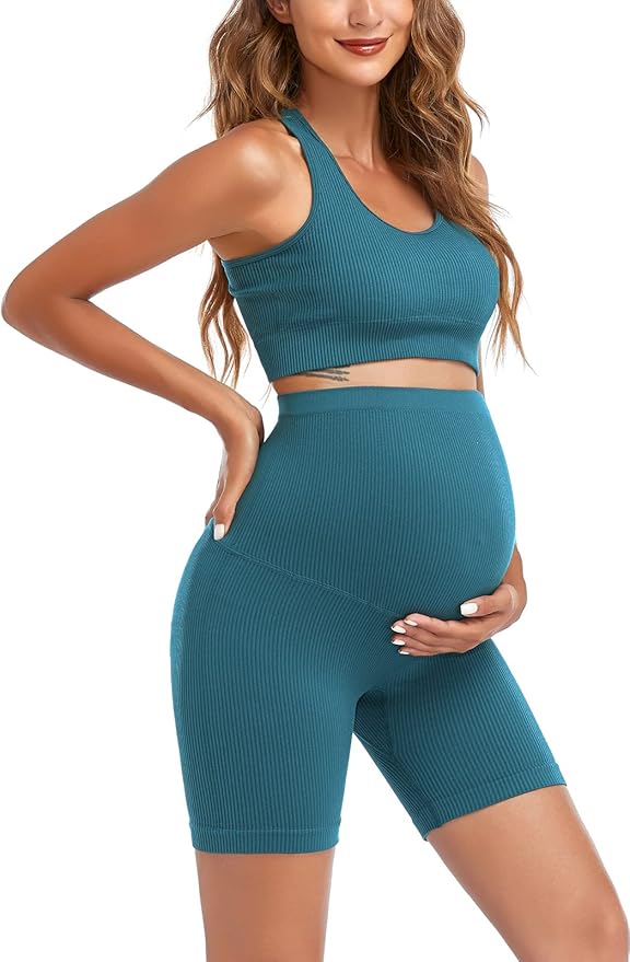 Women's Maternity 2 Piece Outfit Set - Bra & Shorts for Pregnancy - Yoga workout Lounge Wear Sets