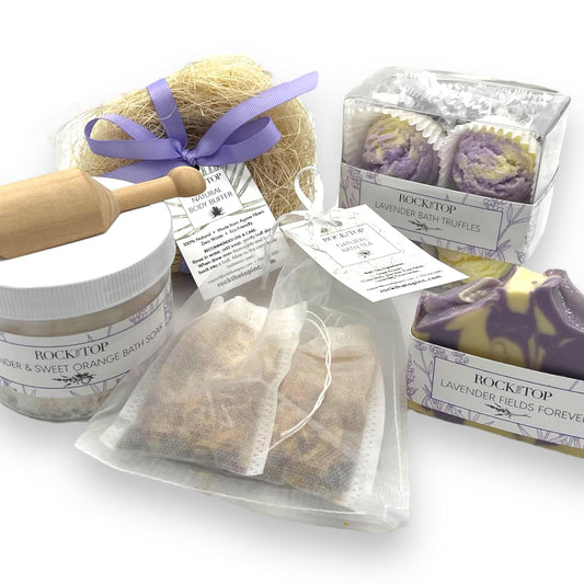 USA Made | 6 Lavender Self Care Gifts for Women, Bath Bombs (Truffles), Plant Based Dry Brush Body Brush Loofah, Epsom Salt Bath Soak, Handmade Soap, Herbal Bath Tea, Self Care Gift Box.