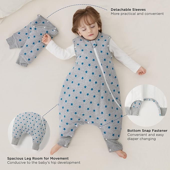 Duomiaomiao 3.5 TOG Toddler Sleep Sack 2-3T 100% Cotton Winter Side Open Zipper Baby Sleep Sack with Feet, Warm Toddler Wearable Blanket
