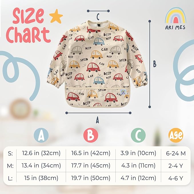 ARI MES Long Sleeves Waterproof Baby Bibs for Eating - Animals, Large- Wearable, Coverall for Toddler, Long Sleeve Bib, Smock Apron for Feeding - Applicable for 6-72 Months