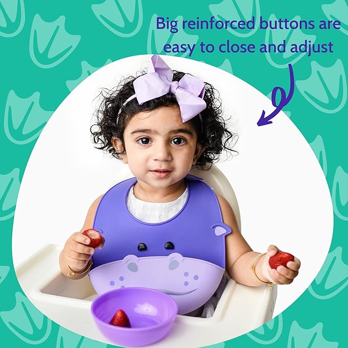 Silly Goose Silicone Animal Baby Bibs for Babies and Toddlers, Waterproof, Adjustable, Soft, Extra Wide Food Catcher Pocket (Baby Hippo)