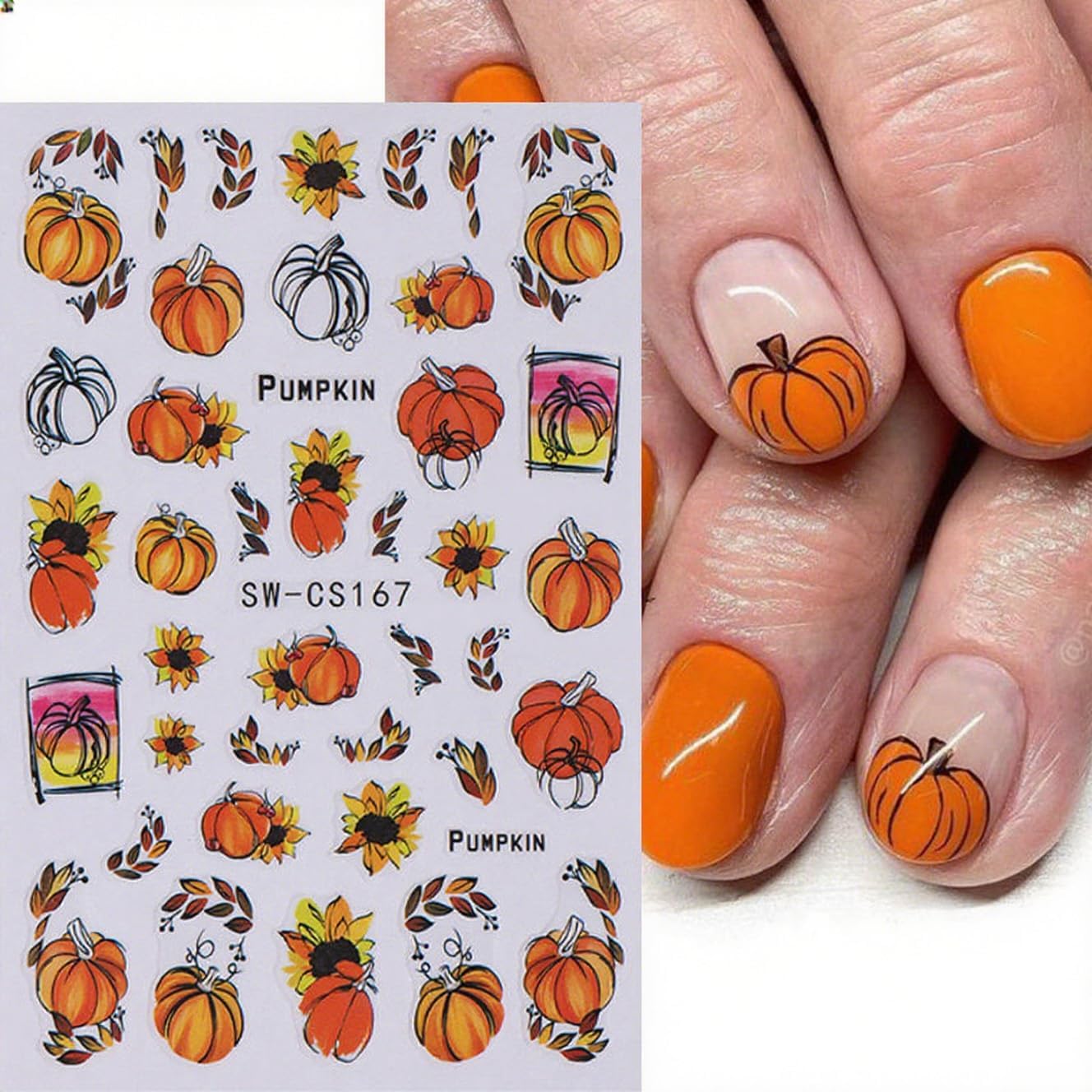 6Pcs Fall Nail Stickers Thanksgiving Pumpkin Nail Decals DIY Self Adhesive Maple Leaves Nail Design Sticker Autumn Nail Decoration Supplies Manicure Accessories for Women Girls
