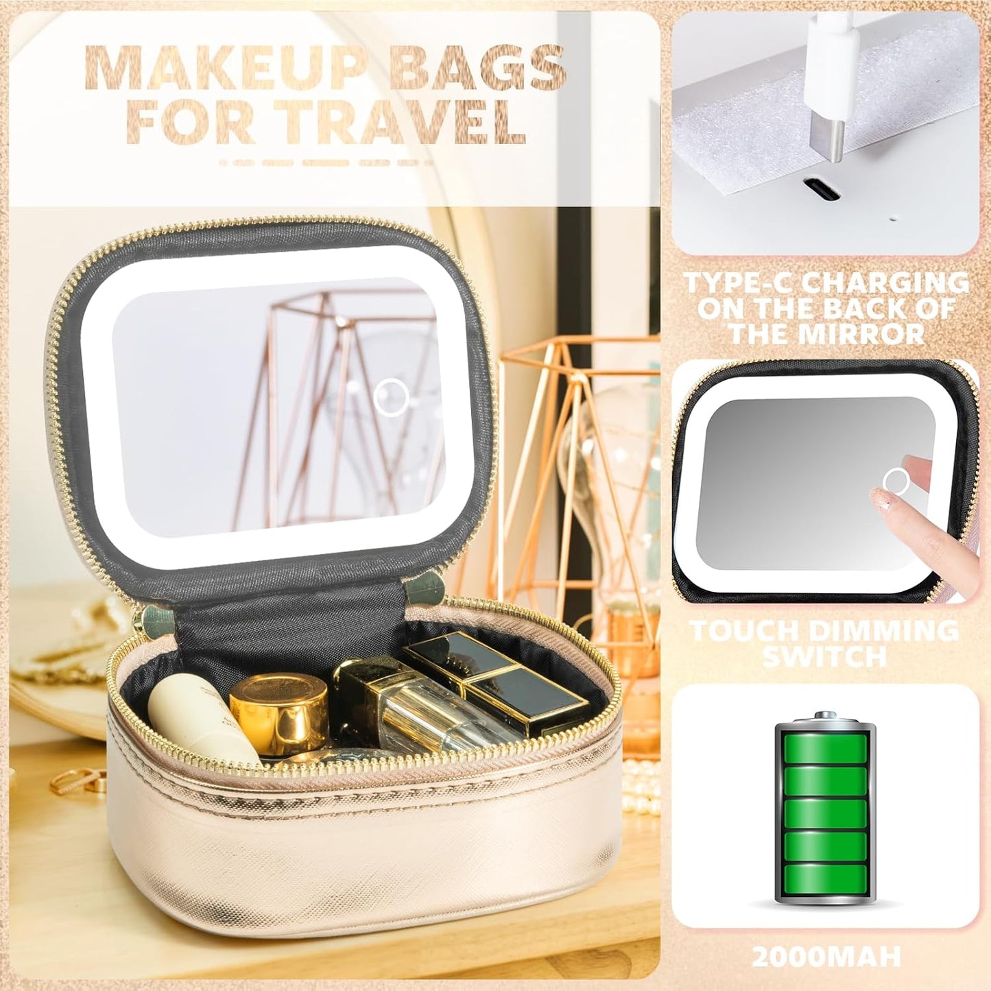 Small Makeup Bag Travel Train Case with Mirror and Light Mini Travel Make up for Women Train Case Cosmetic Organizer 3 Adjustable Brightness Toiletry Bag Portable Artist Storage