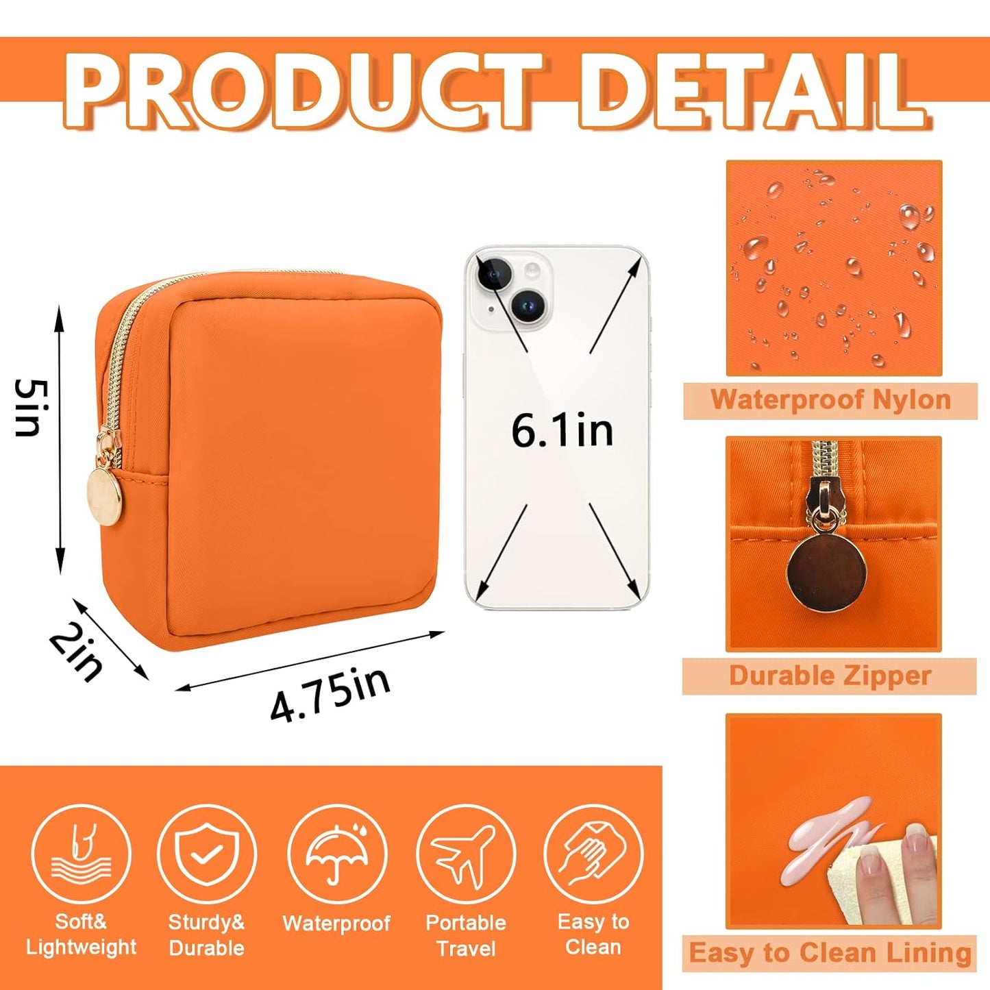 Mini Makeup Pouch for Purse, Small Cosmetic Bag Pouch Nylon Travel Toiletry Organizers for Women Girls, Cute Zipper Pouch Coin Purse Preppy Storage Bag for School Work(Mini-Peach)