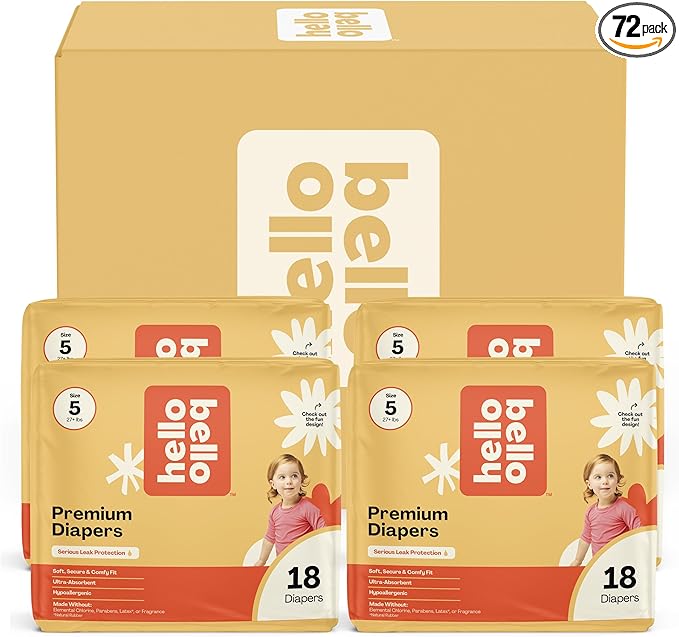 Hello Bello Diapers, Size 5 (27 lbs) Flower Child, 72 Count Value Pack of Premium Disposable Baby Diapers, Hypoallergenic with Soft, Cloth-Like Feel