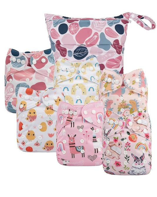 babygoal Cloth Diaper Covers 6 Pack with Wet Bag for Fitted Diapers and Prefolds with Double Gussets, Adjustable and Reusable for Baby Girls 6DCF15-B
