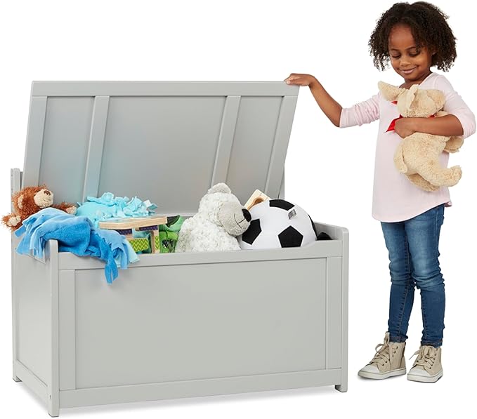 Melissa & Doug Toy Chest, Wooden Toy Storage Box with Safety-Hinged Lid, Kids Toys Storage Organizer for Playroom, Bedroom, & Montessori Classroom Furniture for Boys & Girls Ages 3+, Gray